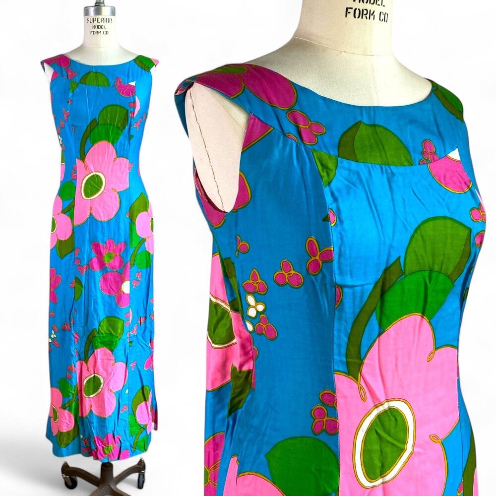 Vtg 1960s Alice Polynesian Hawaiian Floral Waterfall Sleeveless Maxi Dress | S